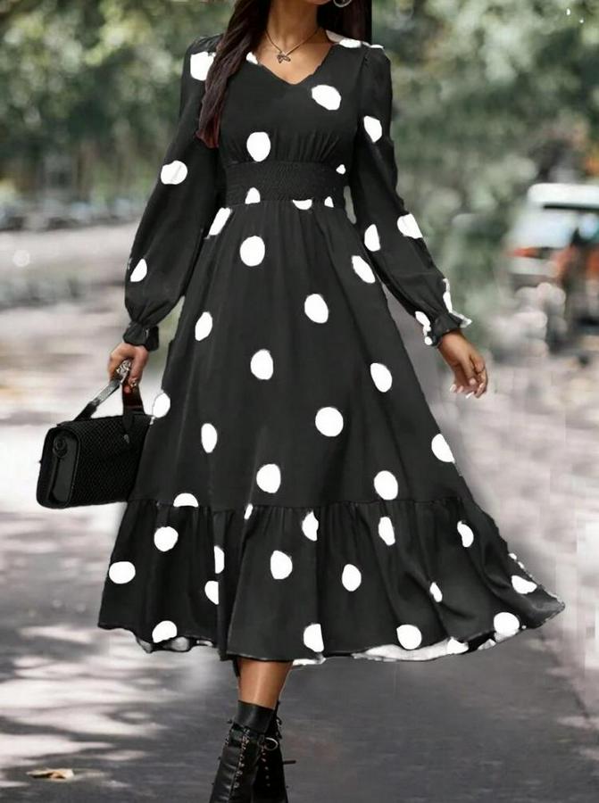 Uzun Kollu V Yakalı Beli Lastikli Puantiyeli Uzun Krep Elbise
