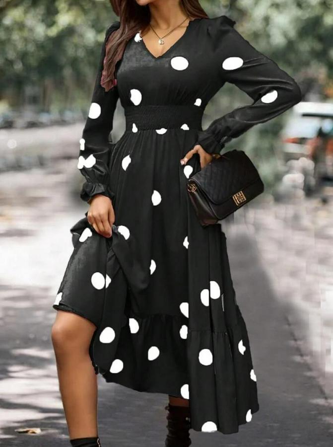 Uzun Kollu V Yakalı Beli Lastikli Puantiyeli Uzun Krep Elbise