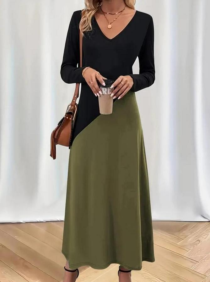 Uzun Kollu V Yakalı Blok Desenli Viskon Elbise