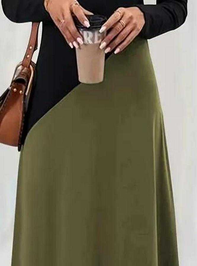 Uzun Kollu V Yakalı Blok Desenli Viskon Elbise