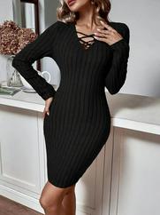 Uzun Kollu V Yakalı Çapraz Şerit Detaylı Şardonlu Kaşkorse Midi Elbise