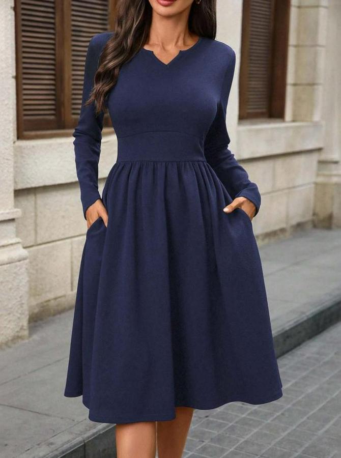 Uzun Kollu V Yakalı Cepli Midi Ithal Krep Elbise