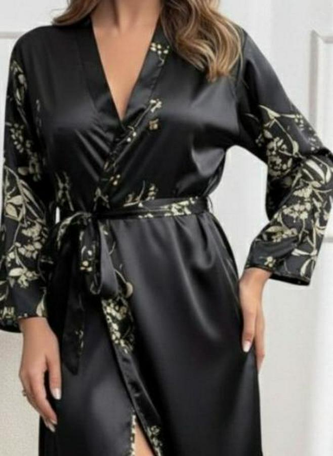 Uzun Kollu V Yakalı Çiçek Baskılı Belden Kuşaklı Midi Saten Gecelik