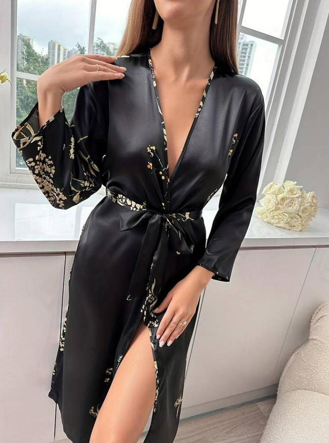 Uzun Kollu V Yakalı Çiçek Baskılı Belden Kuşaklı Midi Saten Gecelik