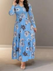 Uzun Kollu V Yakalı Çiçek Desenli Maxi Süprem Elbise