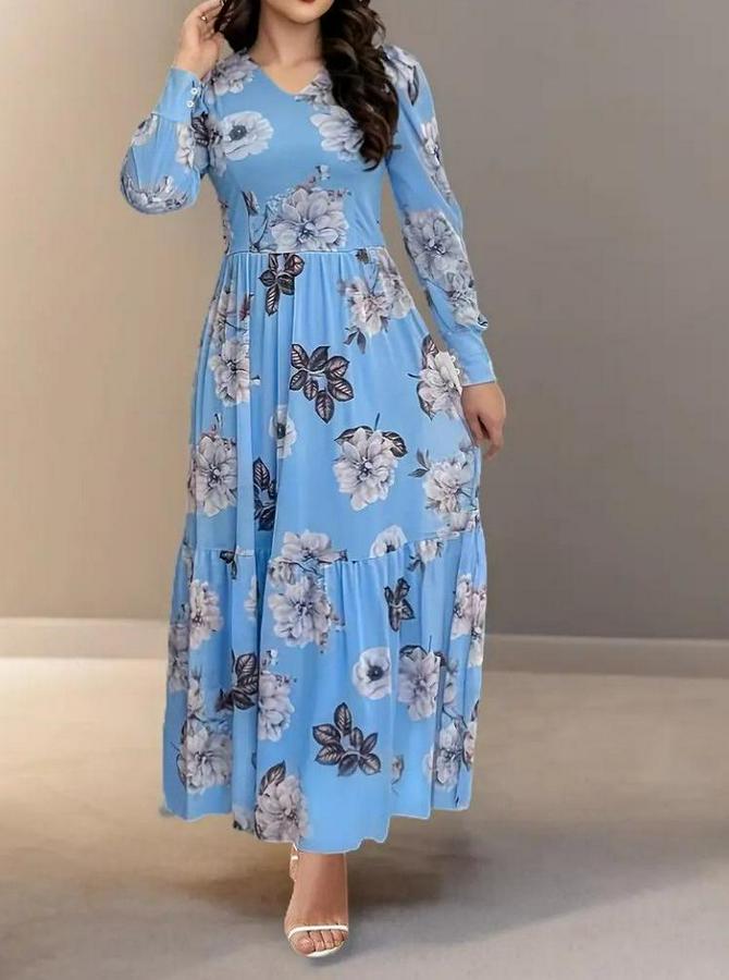 Uzun Kollu V Yakalı Çiçek Desenli Maxi Süprem Elbise