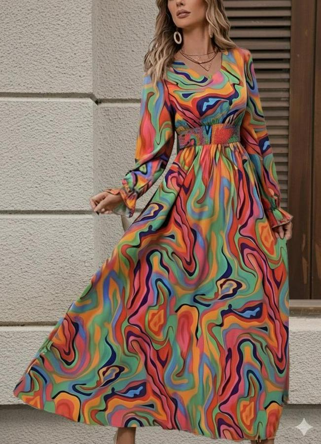 Uzun Kollu V Yakalı Desenli Maxi Süprem Elbise