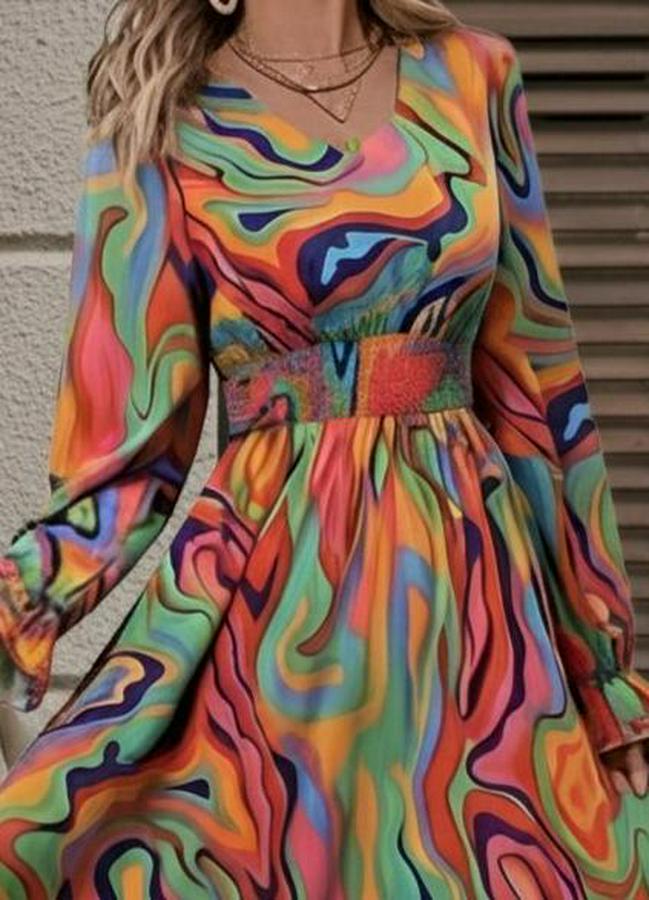 Uzun Kollu V Yakalı Desenli Maxi Süprem Elbise