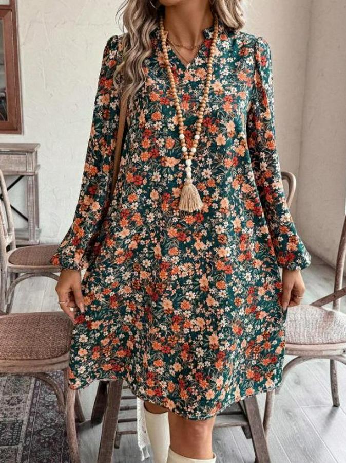 Uzun Kollu V Yakalı Desenli Modal Mini Elbise