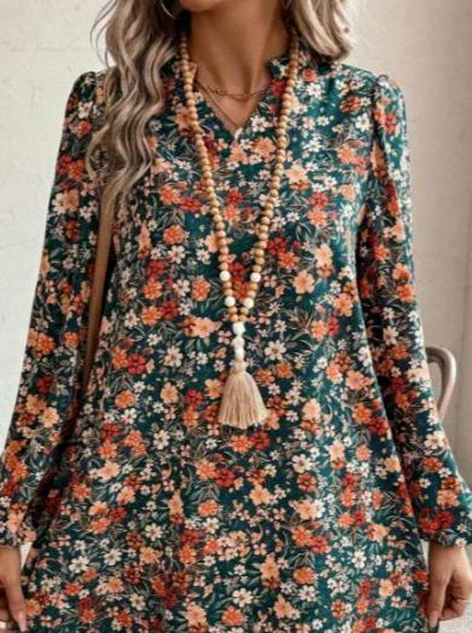 Uzun Kollu V Yakalı Desenli Modal Mini Elbise