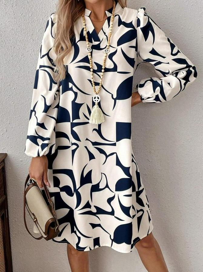 Uzun Kollu V Yakalı Desenli Modal Mini Elbise