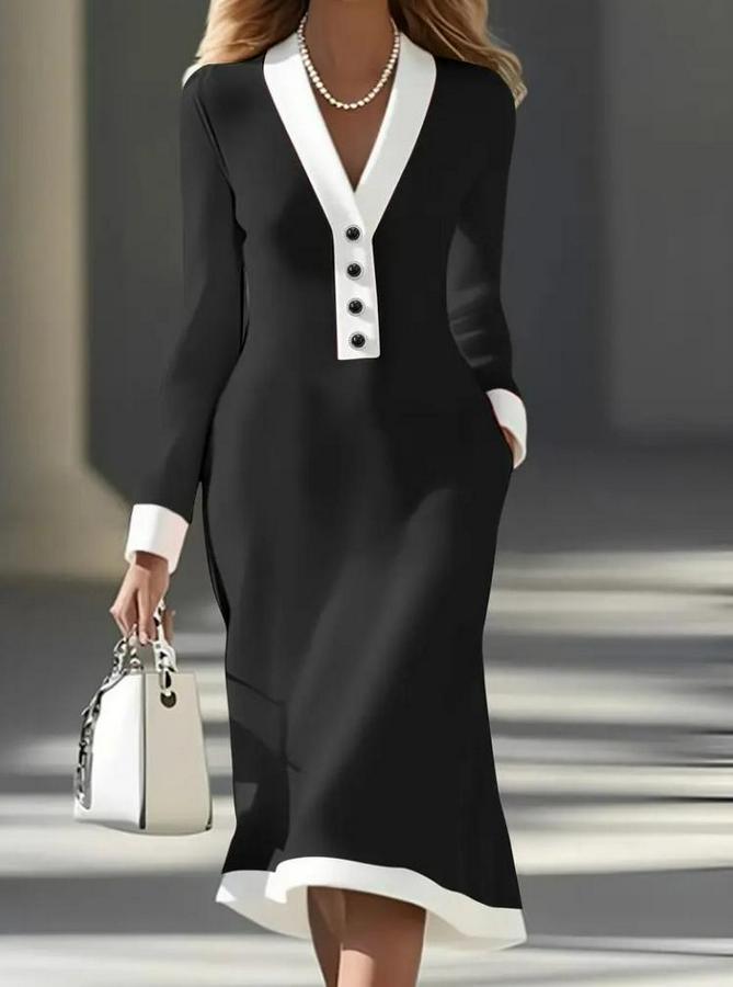 Uzun Kollu V Yakalı Düğmeli Midi Modal Elbise