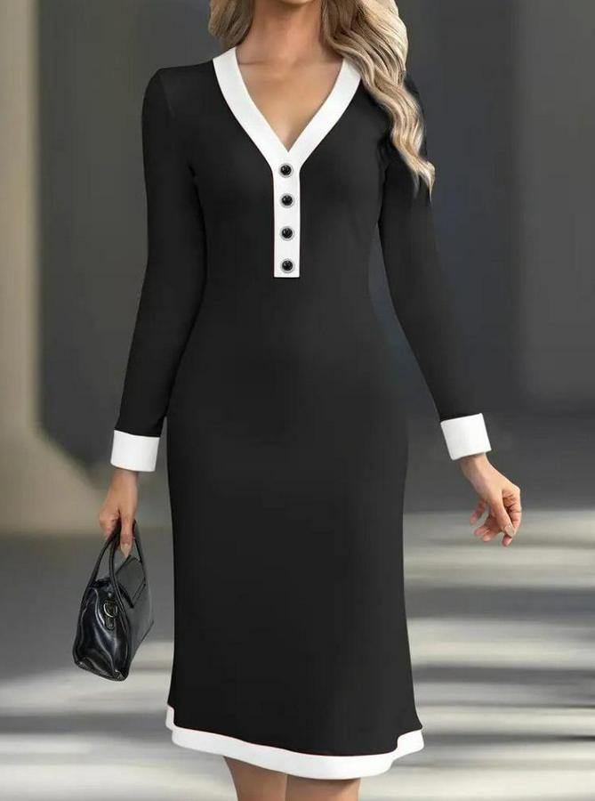 Uzun Kollu V Yakalı Düğmeli Midi Modal Elbise