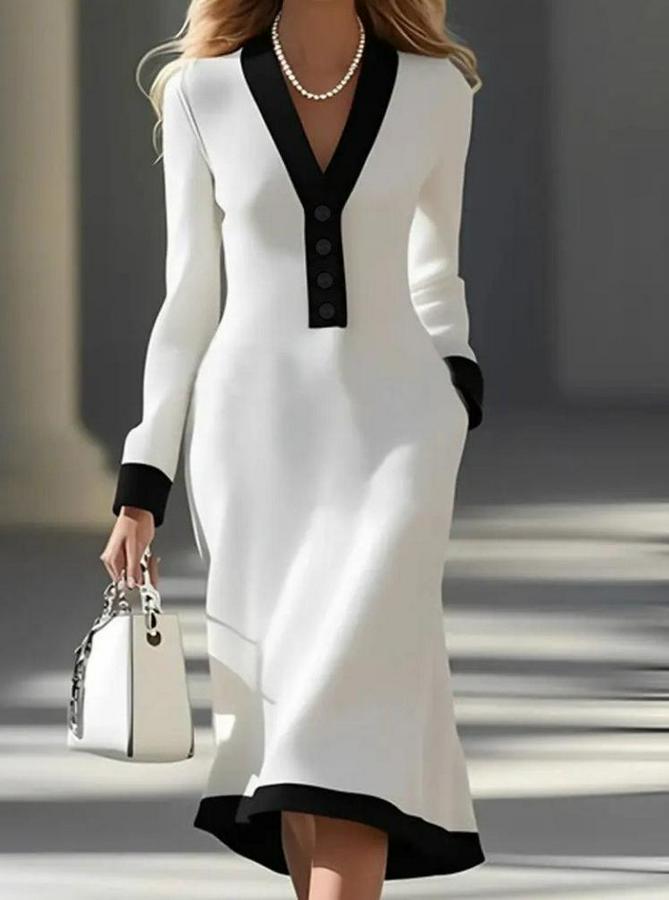 Uzun Kollu V Yakalı Düğmeli Midi Modal Elbise