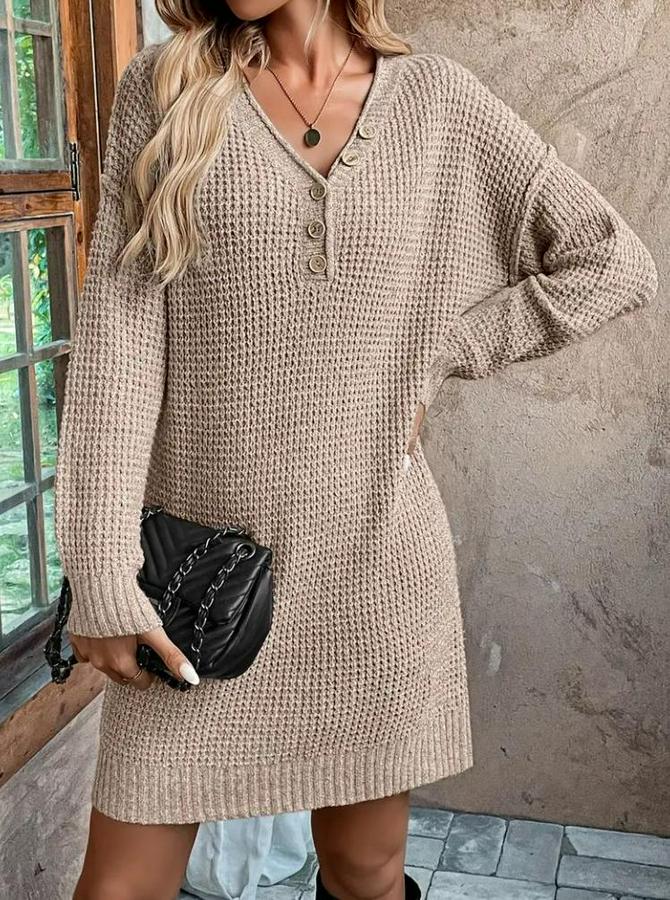 Uzun Kollu V Yakalı Düğmeli Mini Triko Taş Renkli Elbise