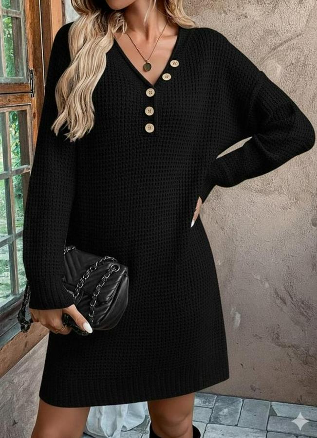 Uzun Kollu V Yakalı Düğmeli Mini Triko Elbise