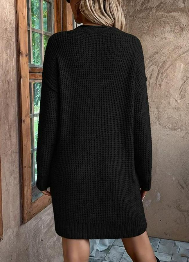 Uzun Kollu V Yakalı Düğmeli Mini Triko Elbise