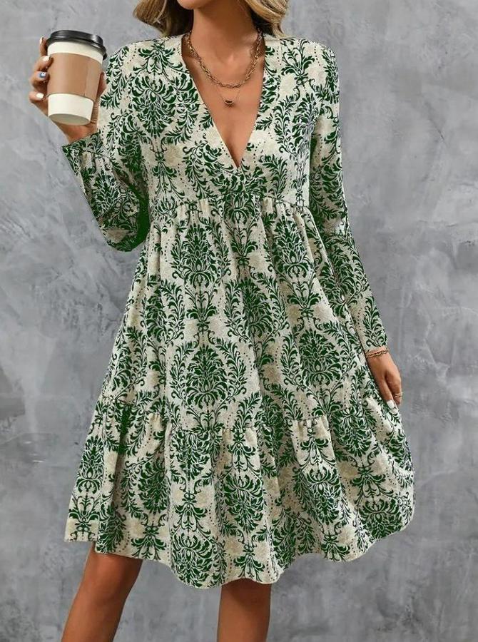 Uzun Kollu V Yakalı Fırfırlı Mini Süprem Elbise