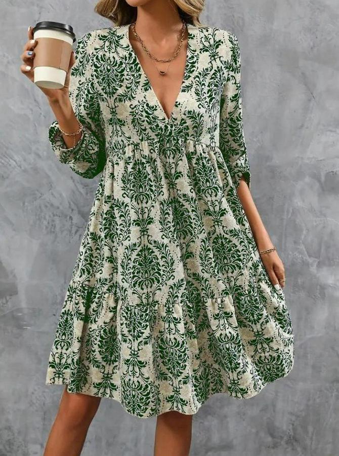 Uzun Kollu V Yakalı Fırfırlı Mini Süprem Elbise