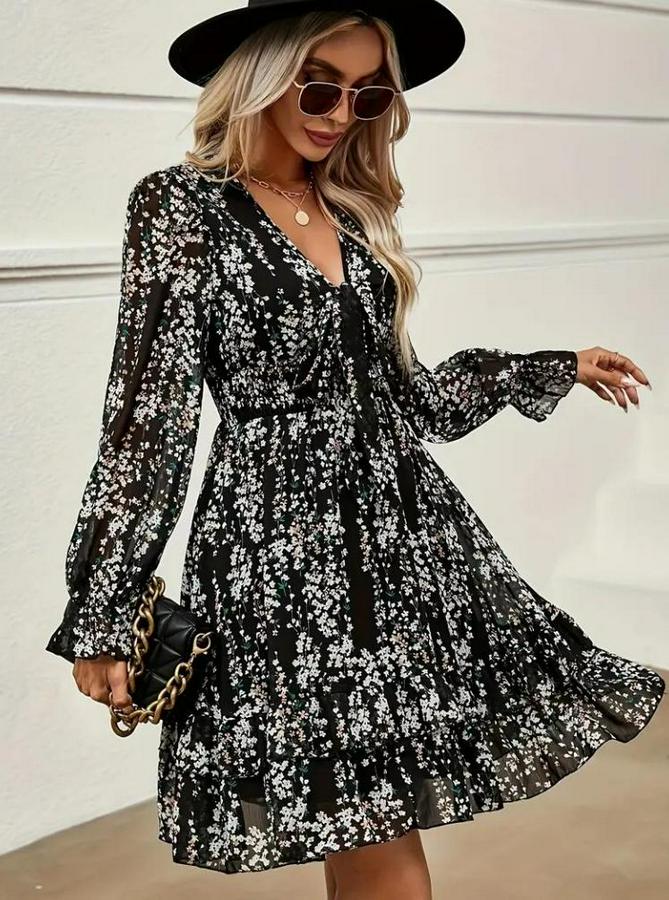 Uzun Kollu V Yakalı Fırfırlı Ve Bağcıklı Şifon Mini Elbise