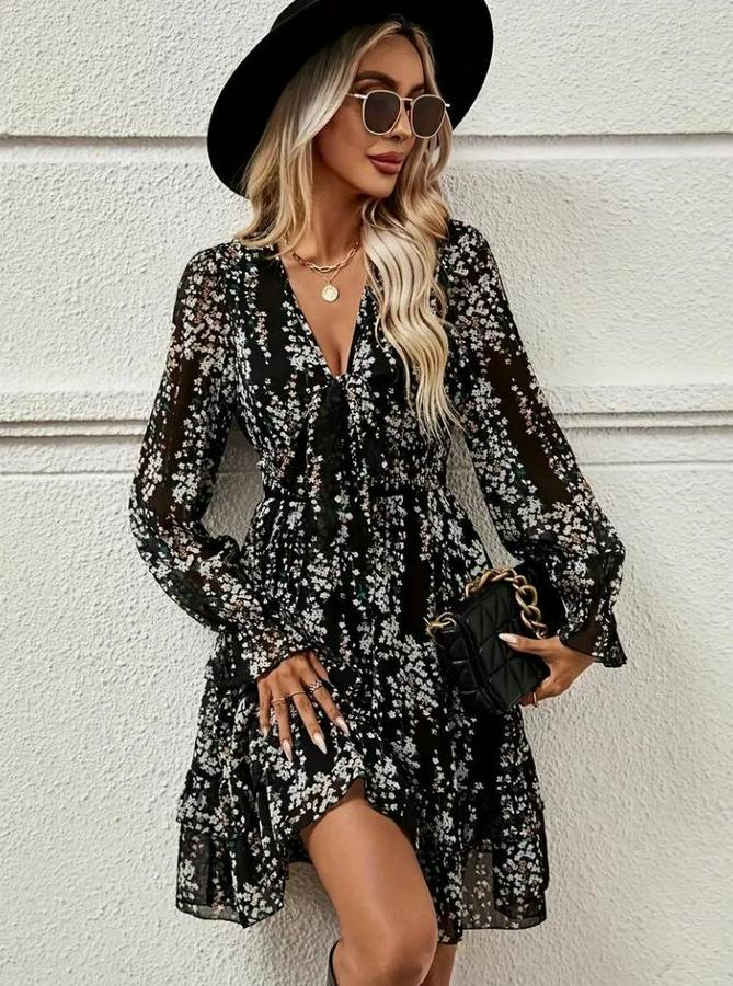 Uzun Kollu V Yakalı Fırfırlı Ve Bağcıklı Şifon Mini Elbise