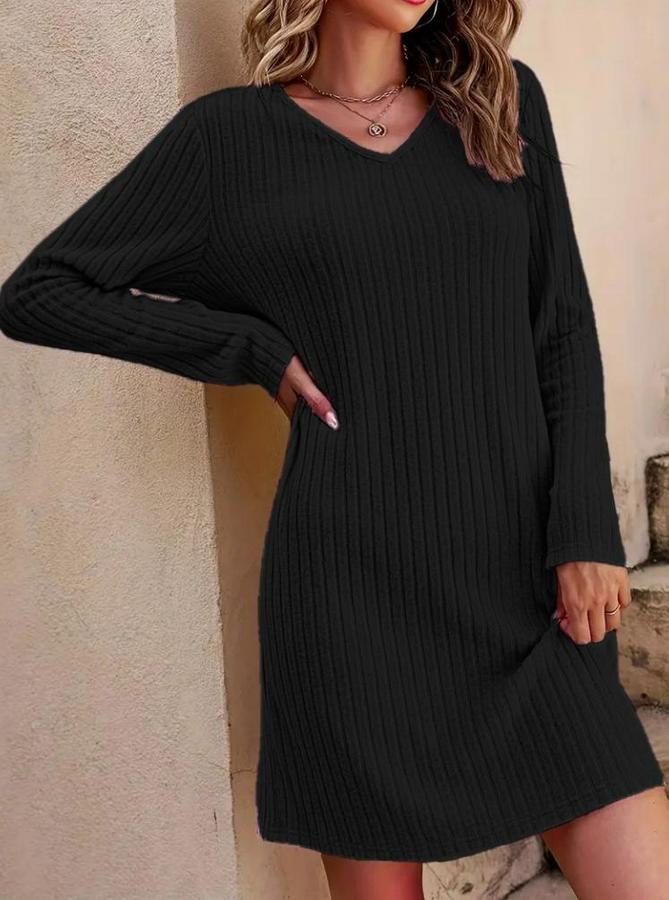 Uzun Kollu V Yakalı Kısa Şardonlu Kaşkorse Elbise