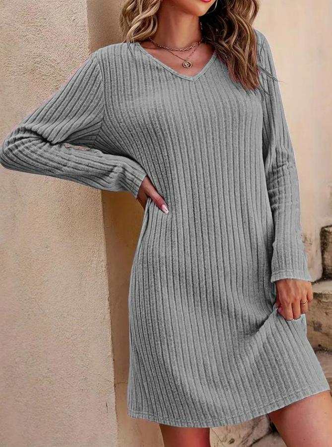 Uzun Kollu V Yakalı Kısa Şardonlu Kaşkorse Elbise