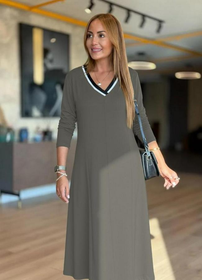 Uzun Kollu V Yakalı Midi Çağla Yeşili Modal Elbise