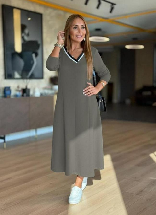 Uzun Kollu V Yakalı Midi Çağla Yeşili Modal Elbise