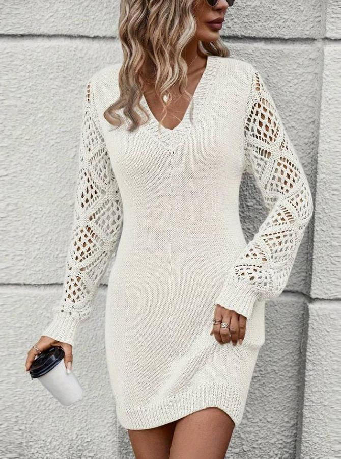 Uzun Kollu V Yakalı Mini Triko Elbise