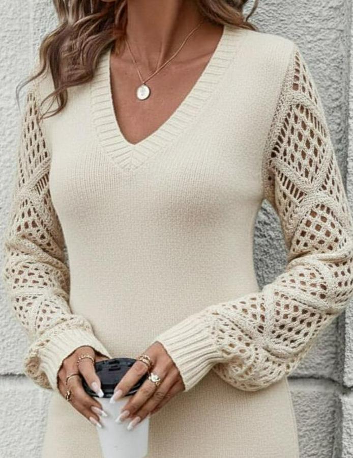 Uzun Kollu V Yakalı Mini Triko Elbise