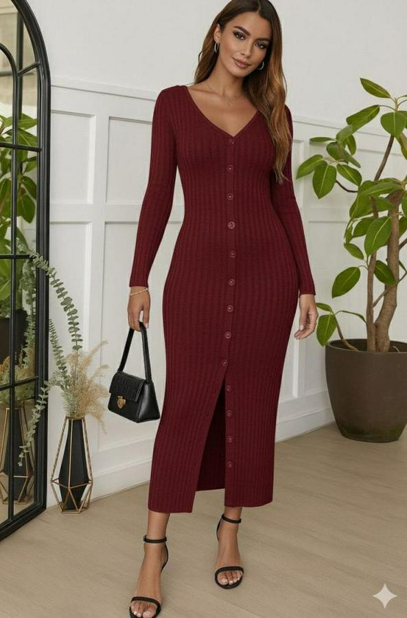 Uzun Kollu V Yakalı Önden Düğmeli Şardonlu Kaşkorse Elbise