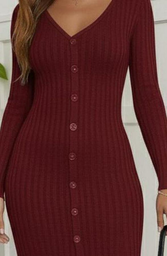 Uzun Kollu V Yakalı Önden Düğmeli Şardonlu Kaşkorse Elbise