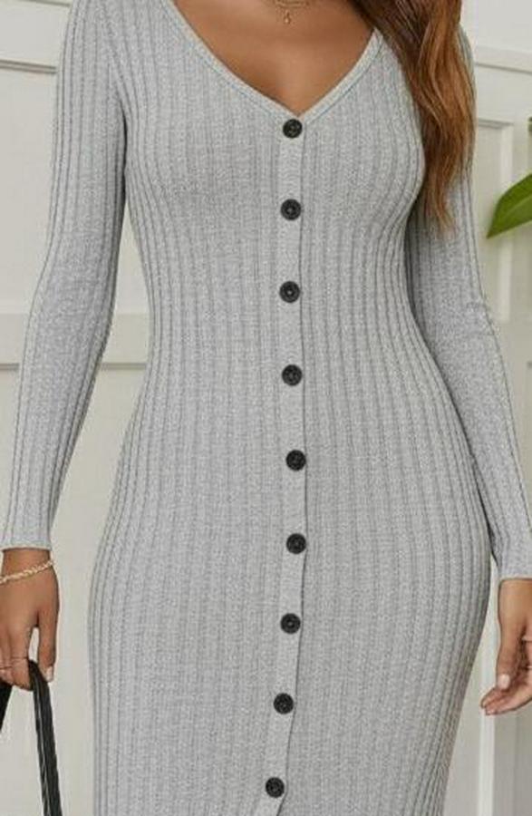 Uzun Kollu V Yakalı Önden Düğmeli Şardonlu Kaşkorse Elbise