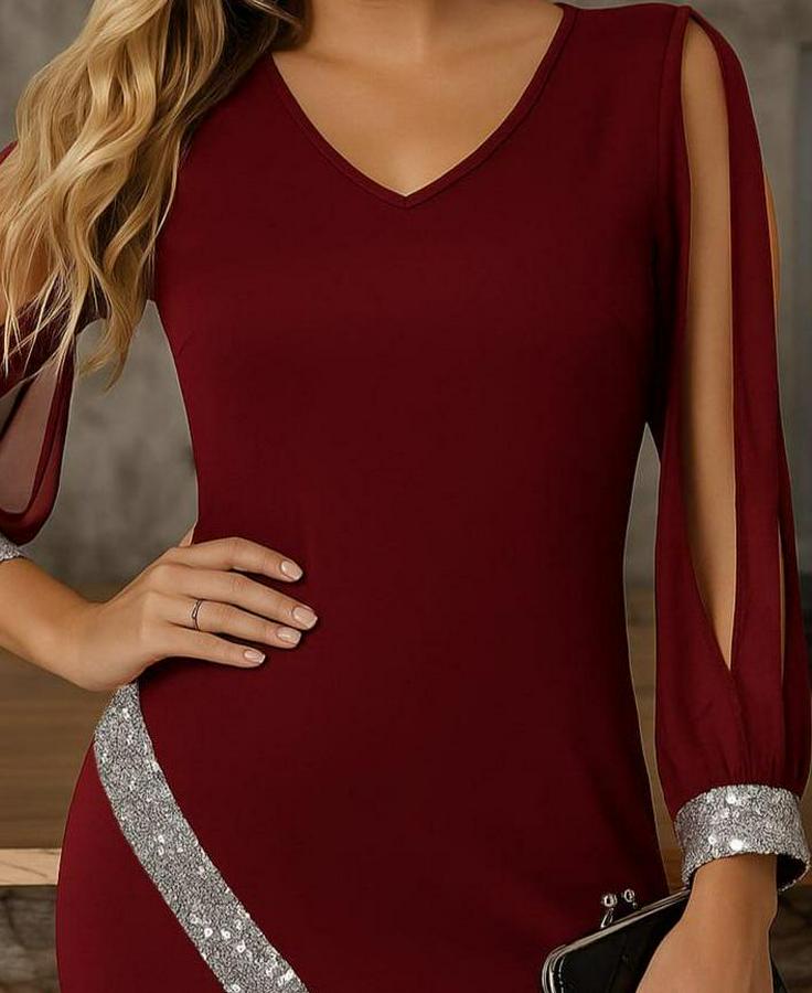 Uzun Kollu V Yakalı Pulpayetli Ithal Krep Elbise