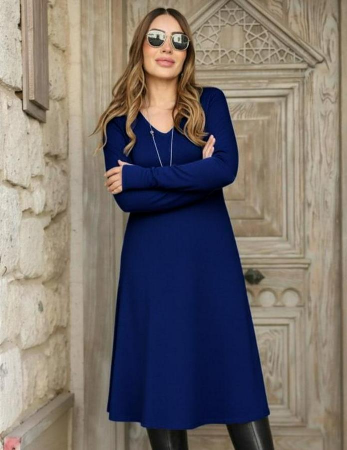 Uzun Kollu V Yakalı Salaş Midi Akrilik Elbise