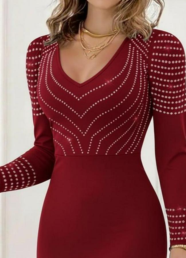 Uzun Kollu V Yakalı Taşlı Mini Ithal Krep Elbise