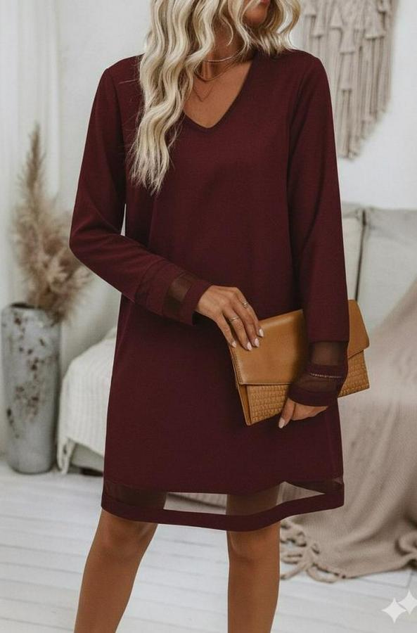 Uzun Kollu V Yakalı Tül Şerit Detaylı Mini Krep Elbise