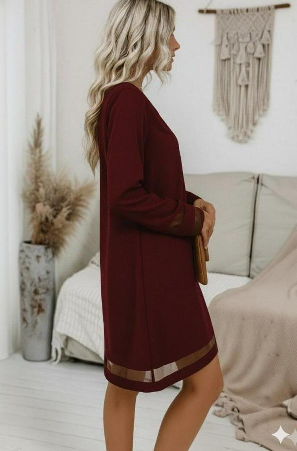 Uzun Kollu V Yakalı Tül Şerit Detaylı Mini Krep Elbise