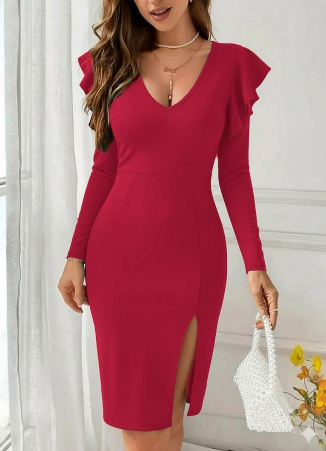 Uzun Kollu V Yakalı Yandan Yırtmaçlı Midi Ithal Krep Elbise