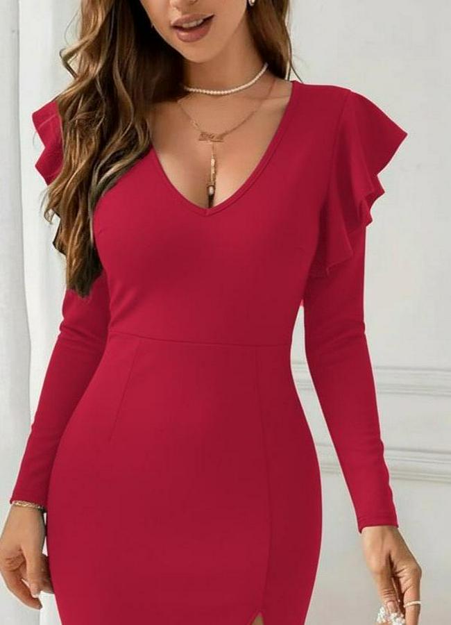 Uzun Kollu V Yakalı Yandan Yırtmaçlı Midi Ithal Krep Elbise