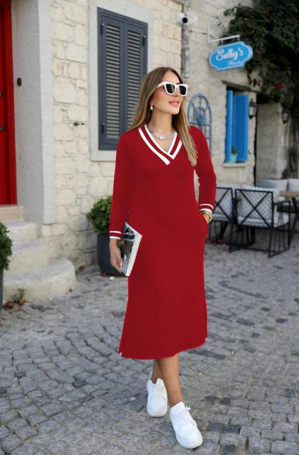 Uzun Kollu V Yakalı Yandan Yırtmaçlı Iki Iplik Midi Elbise