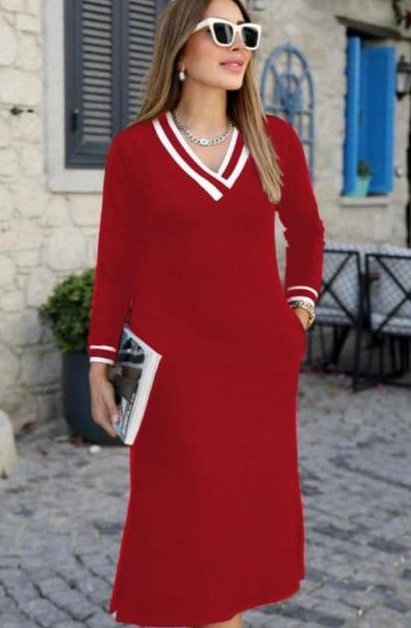 Uzun Kollu V Yakalı Yandan Yırtmaçlı Iki Iplik Midi Elbise