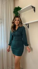 Uzun Kollu V Yakalı Yanlardan Büzgülü Kısa Sandy Elbise