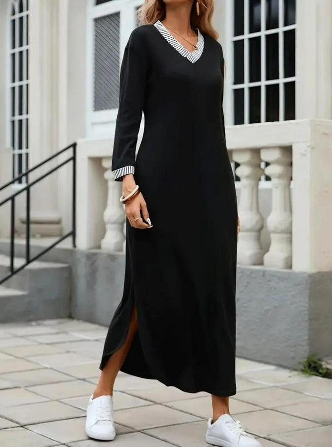 Uzun Kollu V Yakalı Yanlardan Yırtmaçlı Uzun Viskon Iki Iplik Elbise