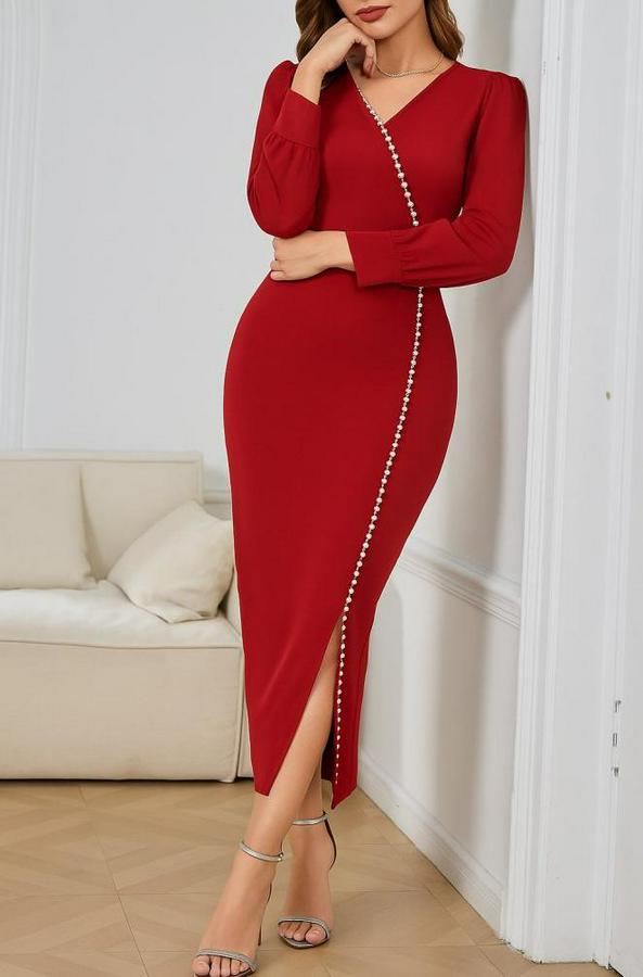 Uzun Kollu V Yakalı Yırtmaçlı Taşlı Uzun Ithal Krep Elbise