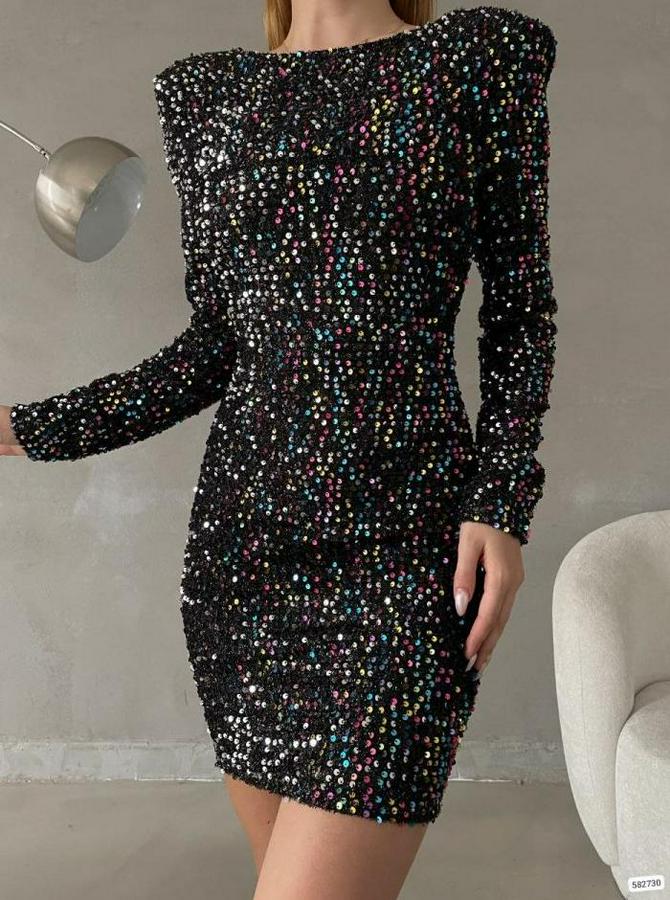 Uzun Kollu Vatka Detay Full Pul Payet Mini Elbise