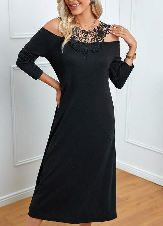 Uzun Kollu Yaka Önü Güpürlü Madonna Yaka Viskon Midi Boy Elbise