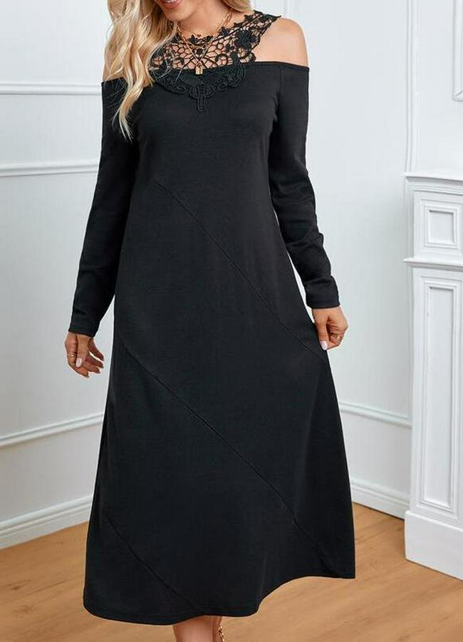 Uzun Kollu Yaka Önü Güpürlü Madonna Yaka Viskon Midi Boy Elbise