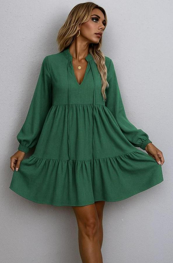 Uzun Kollu Yakadan Bağcıklı Fırfırlı Keten Mini Elbise